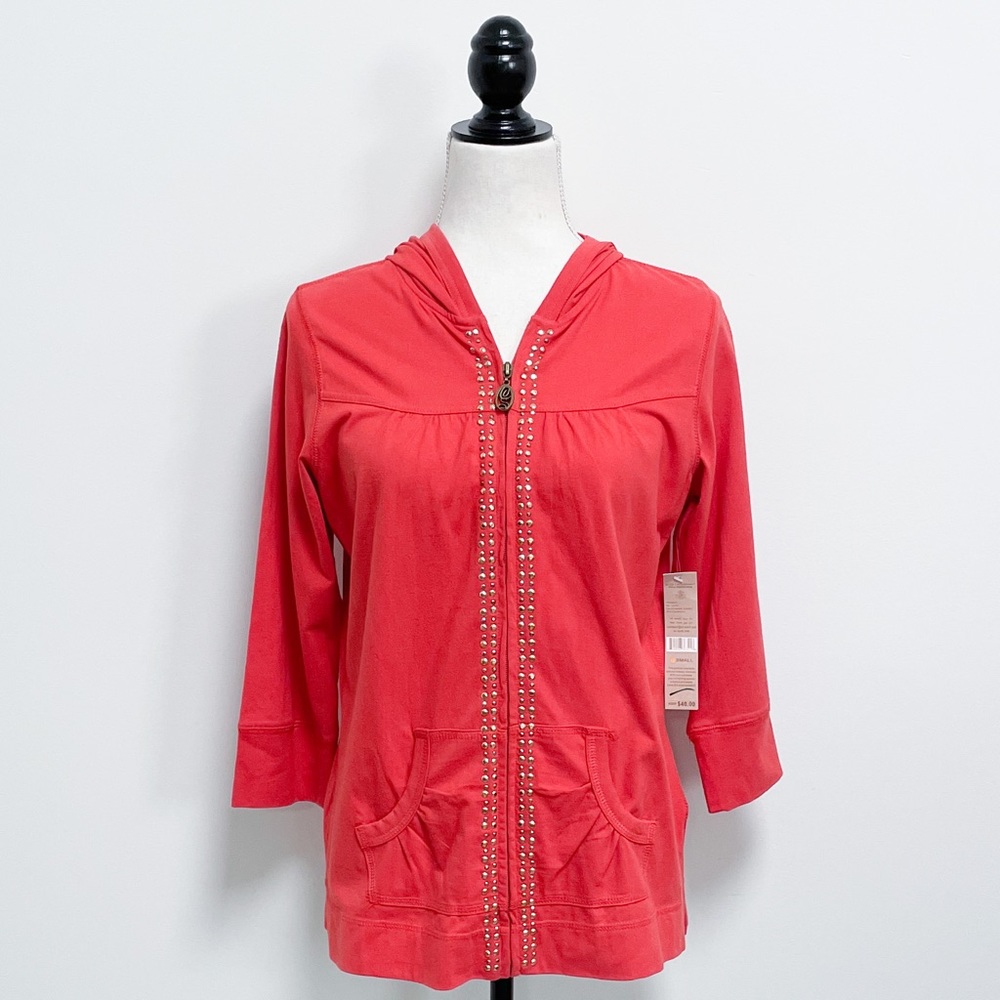 Oleg Cassini Sport Orange Zip Up Hooded 3/4 Sleeve Gold Rhinestones Small NWT